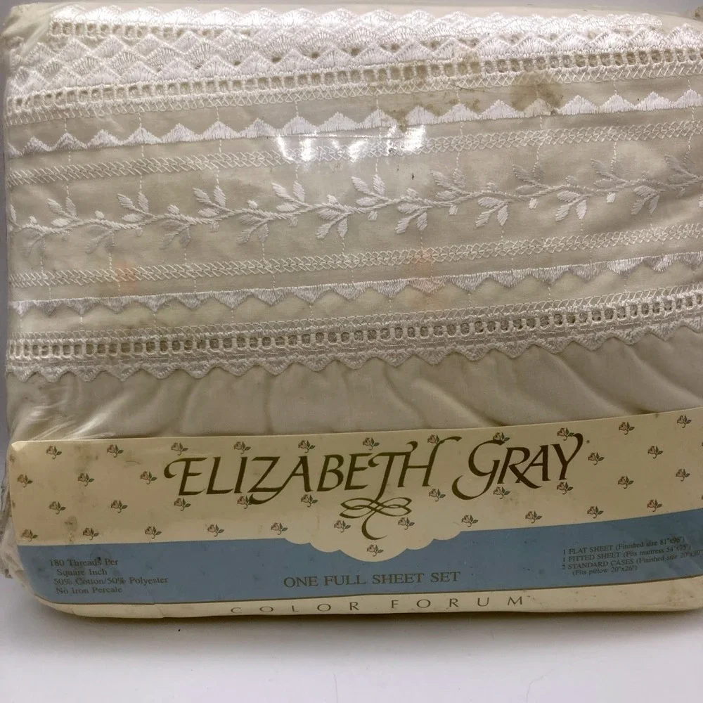 Vintage Elizabeth Gray Laurel Lace Ecru Percale Full Sheet Set USA